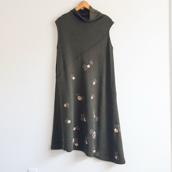 Forest Green Asymmetrical Knit Dress Gold Floral Embroidery Size M/L Fairycore - Picture 1 of 11